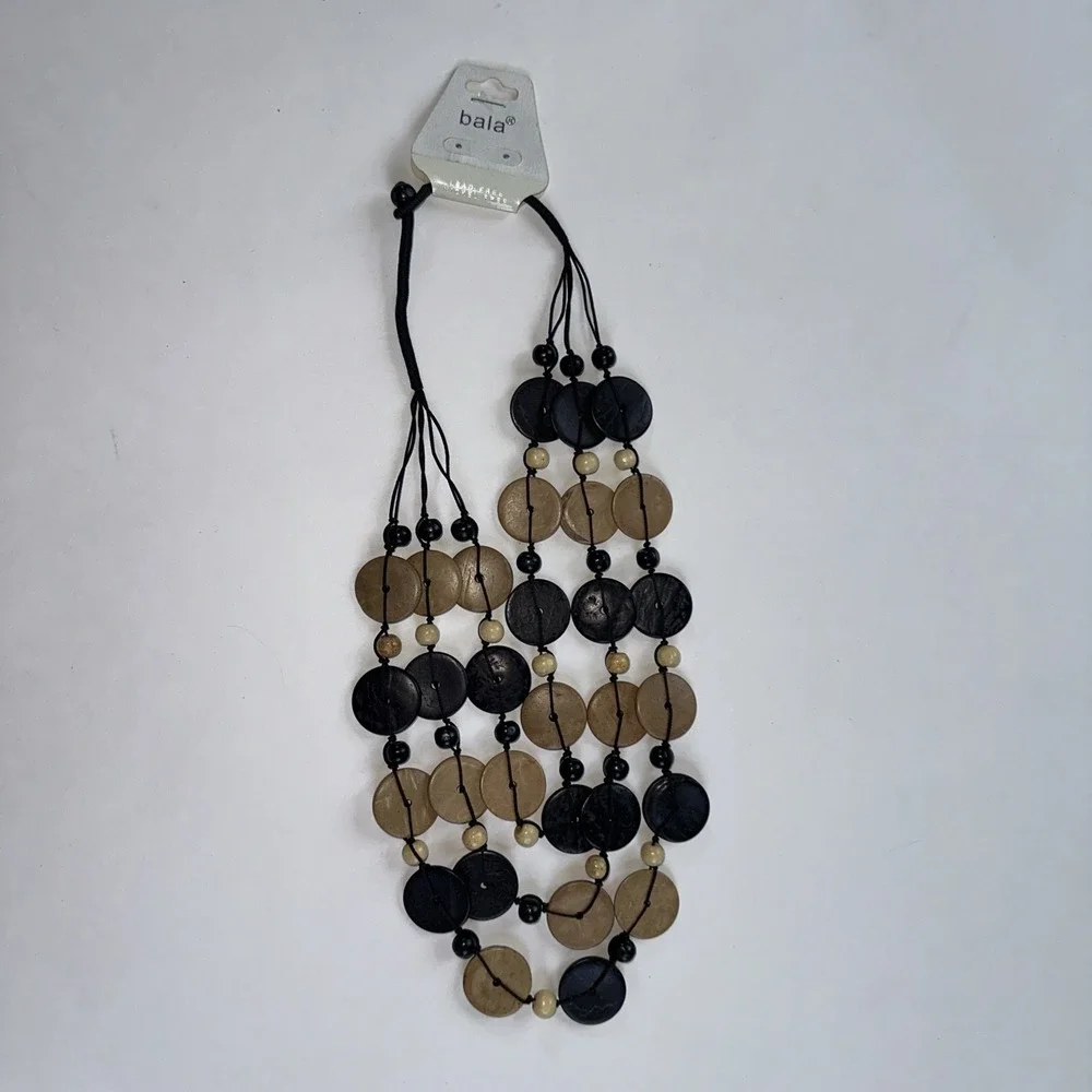 Bala Statement Necklace Women OS Black Tan NEW Wood Disc Multi-Strand Boho